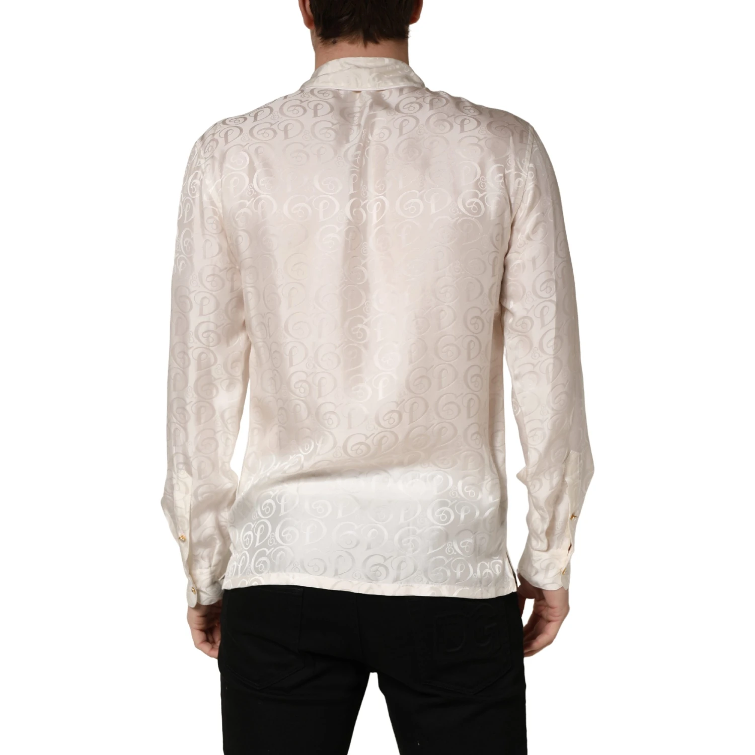 White Silk Long Sleeve Tonal Logo Print Shirt