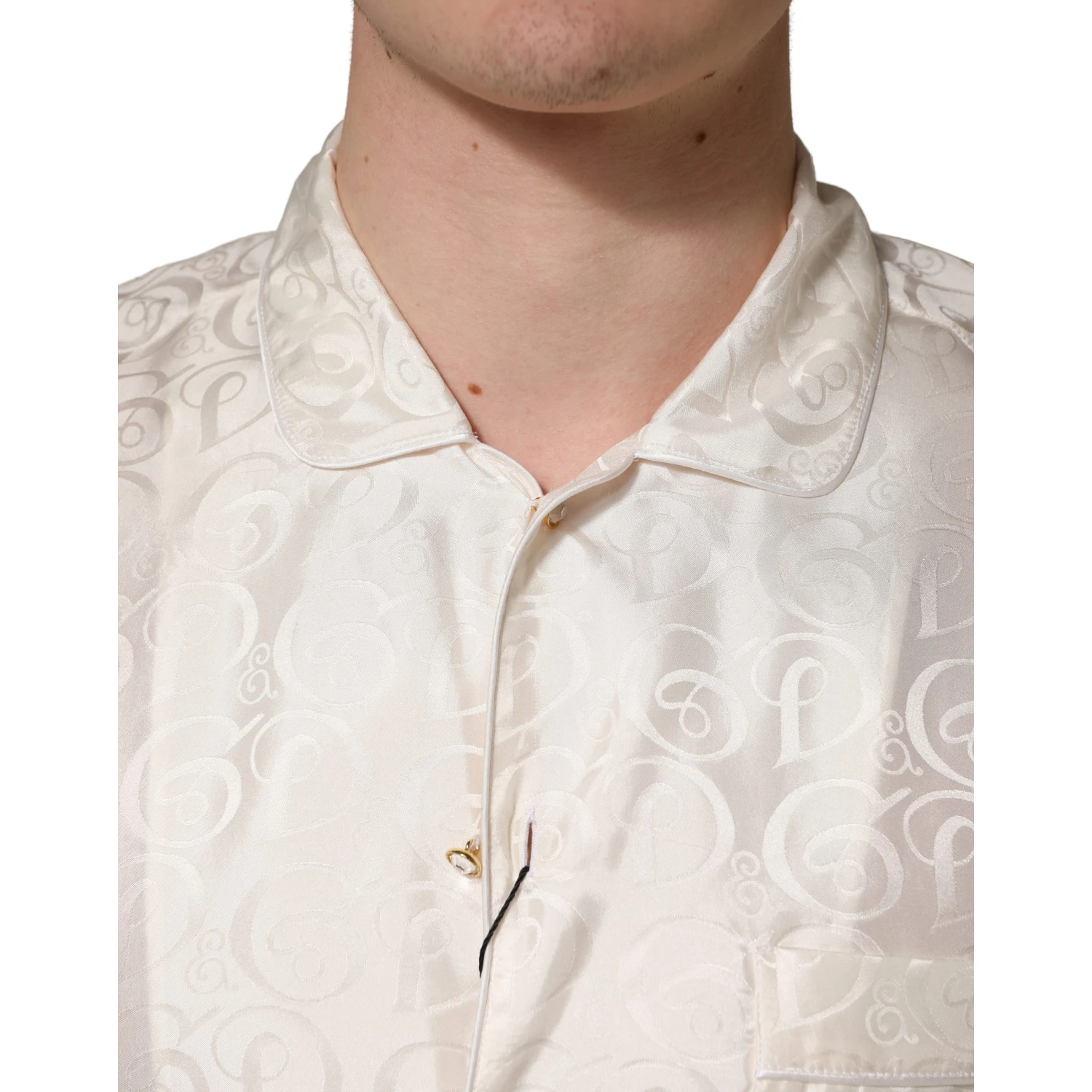 White Silk Long Sleeve Tonal Logo Print Shirt