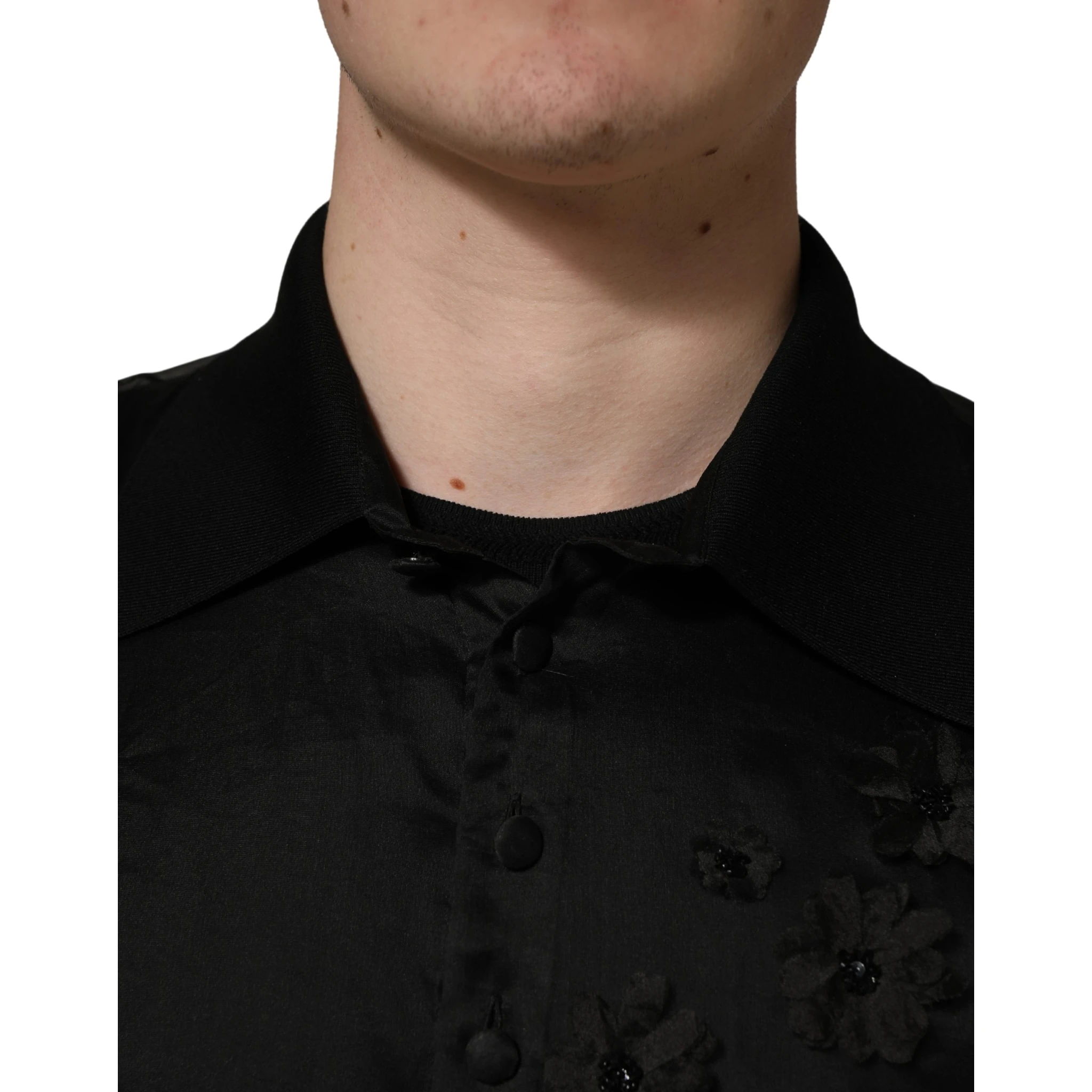 Black Floral Applique Sheer Short Sleeve Shirt