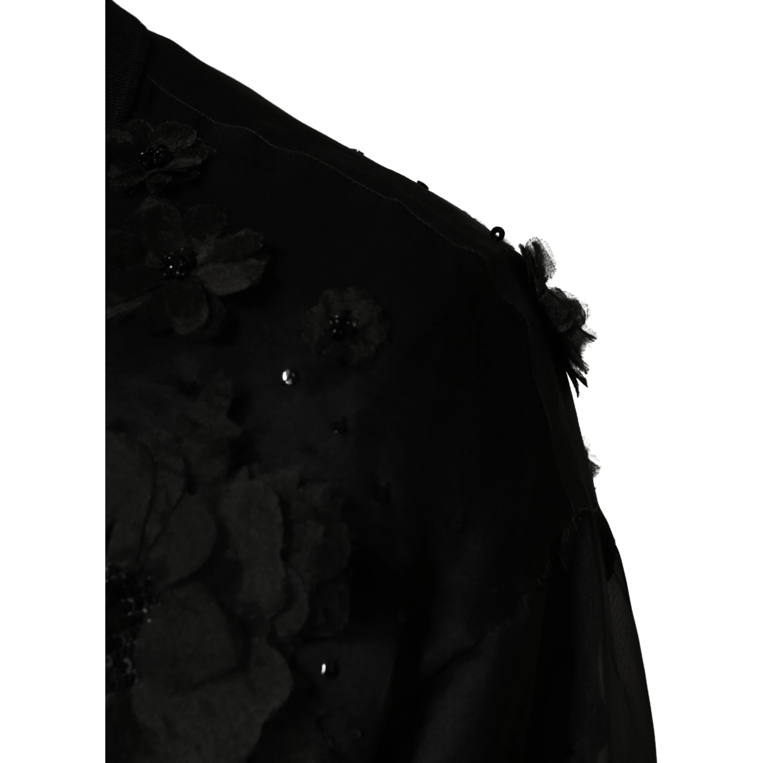 Black Floral Applique Sheer Short Sleeve Shirt