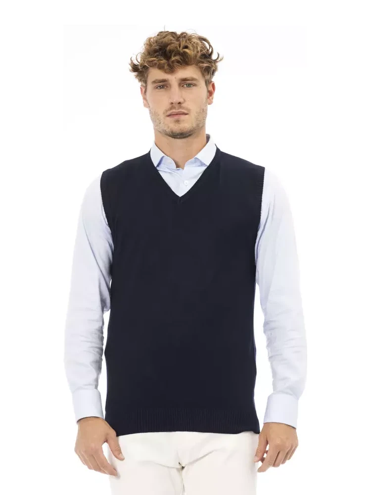 Blue Viscose Men's V-neck Vest
