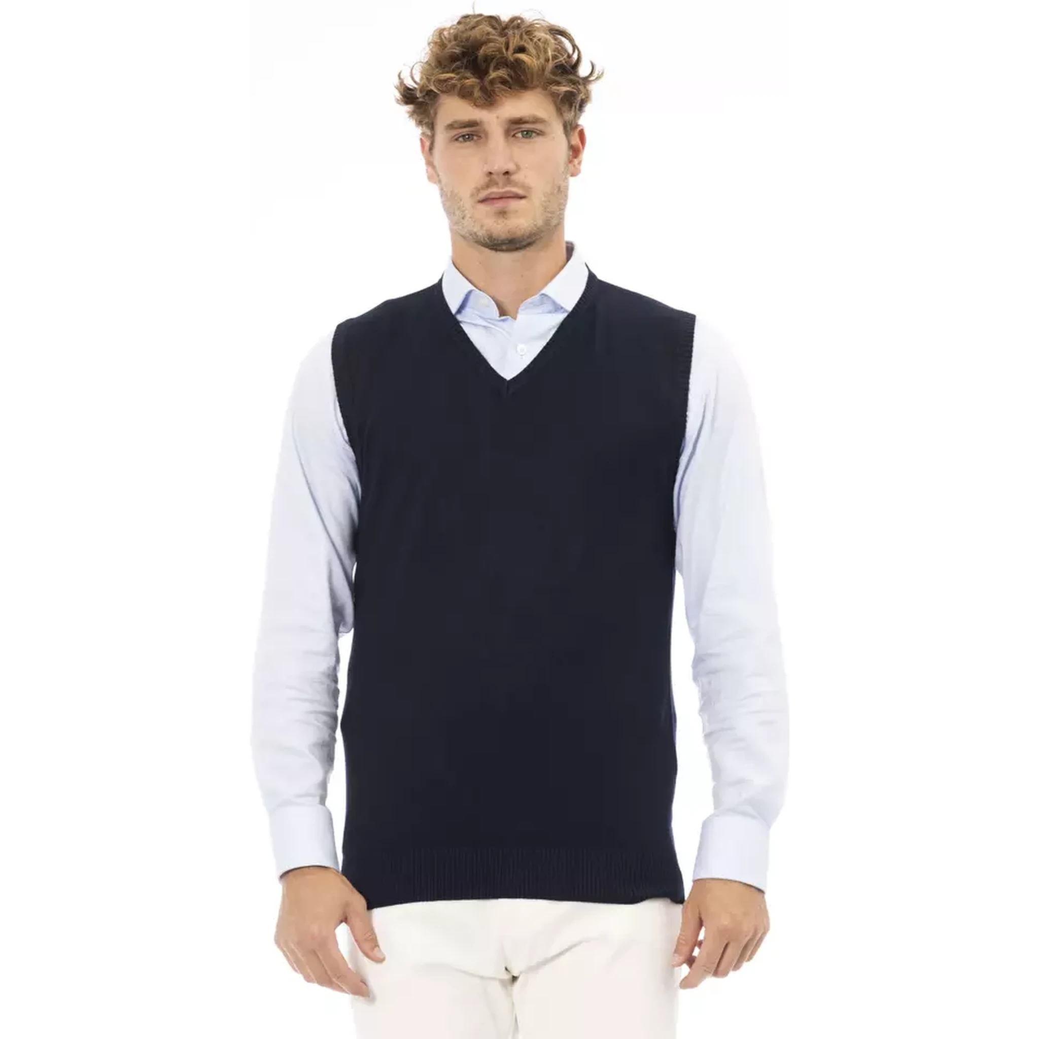 Blue Viscose Men's V-neck Vest