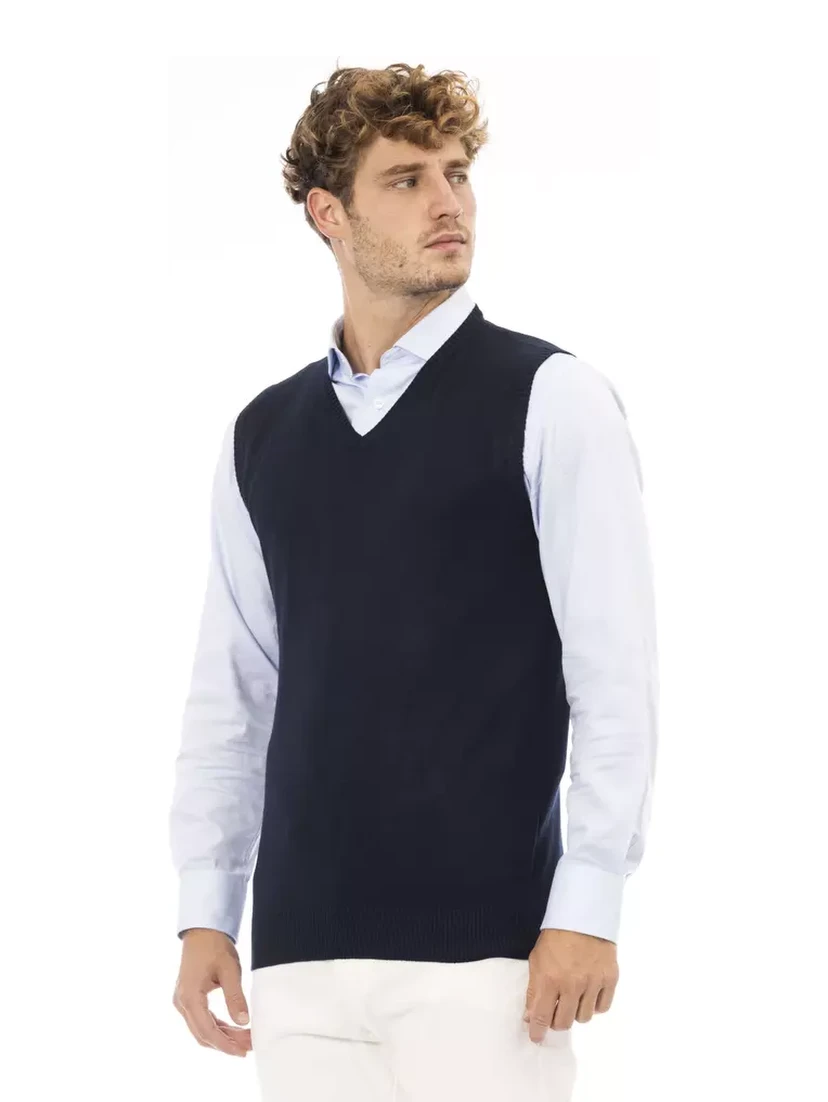 Blue Viscose Men's V-neck Vest