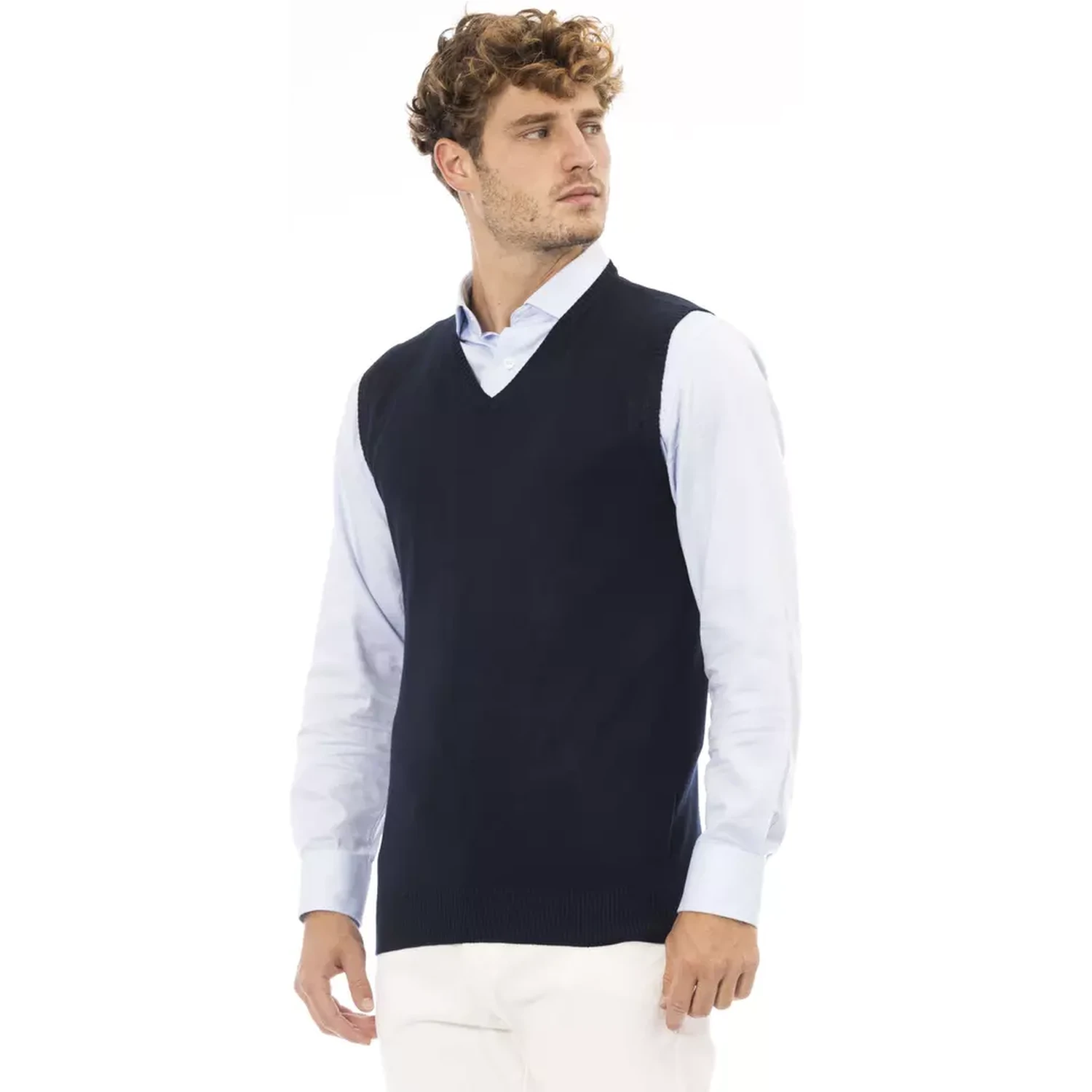 Blue Viscose Men's V-neck Vest