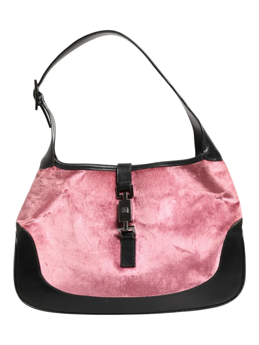 Jackie Pink Velvet And Black Leather Shoulder Bag