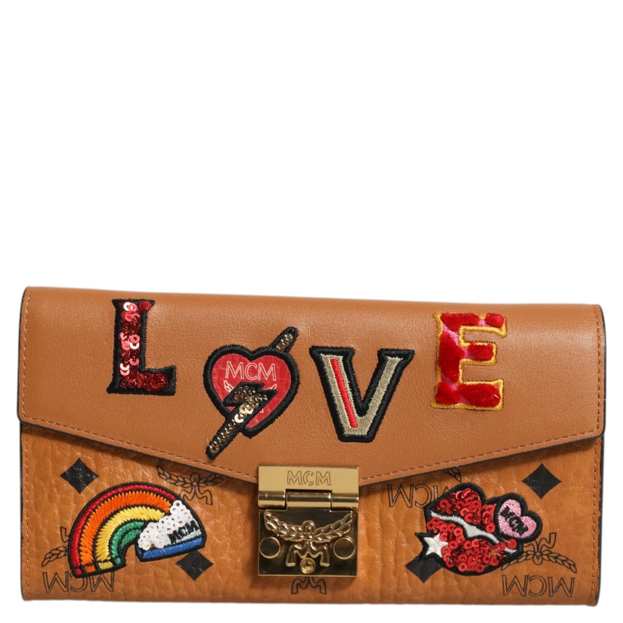 Cognac Brown Coated Canvas Visetos Patricia Love Patch Wallet-on-chain