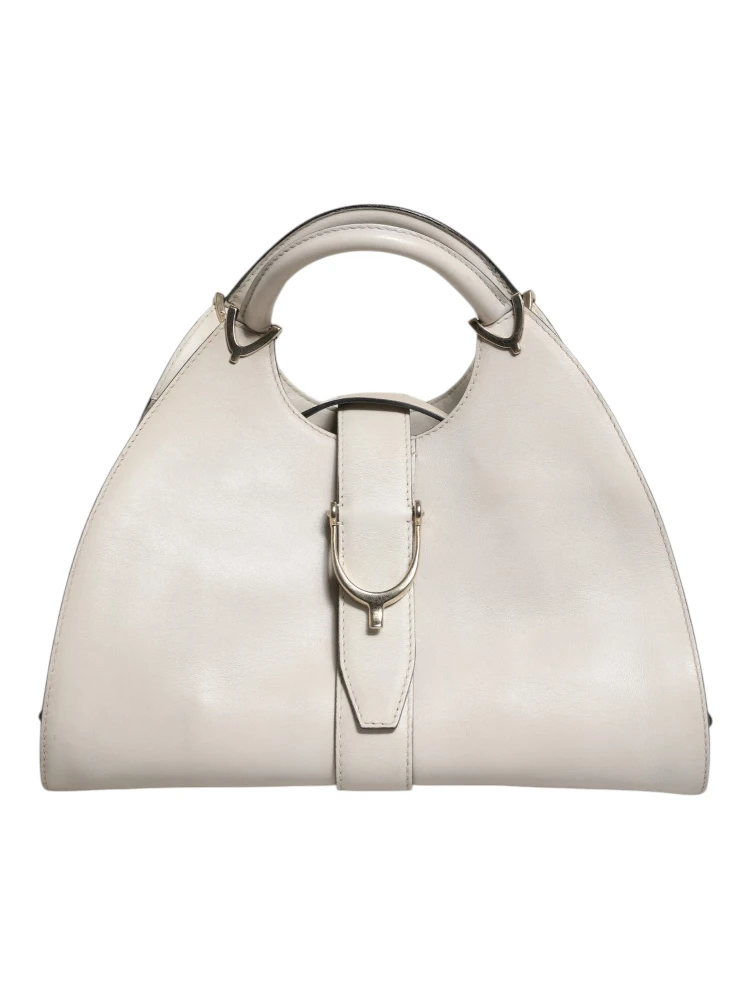White Leather Stirrup Top Handle Bag