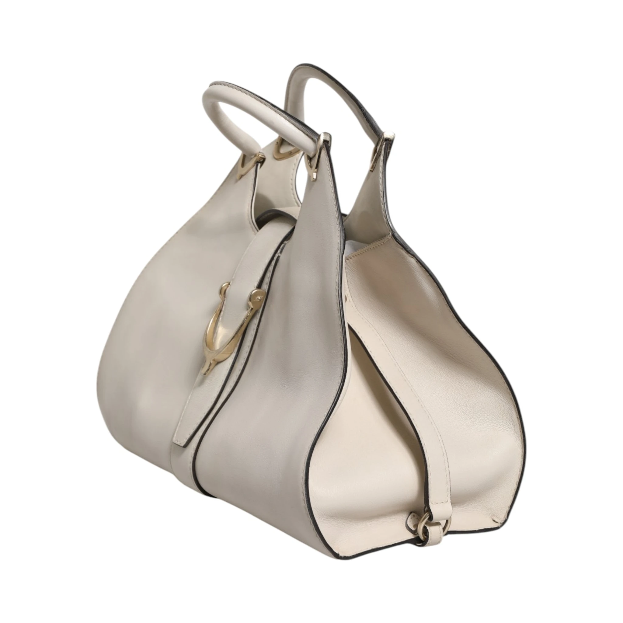 White Leather Stirrup Top Handle Bag