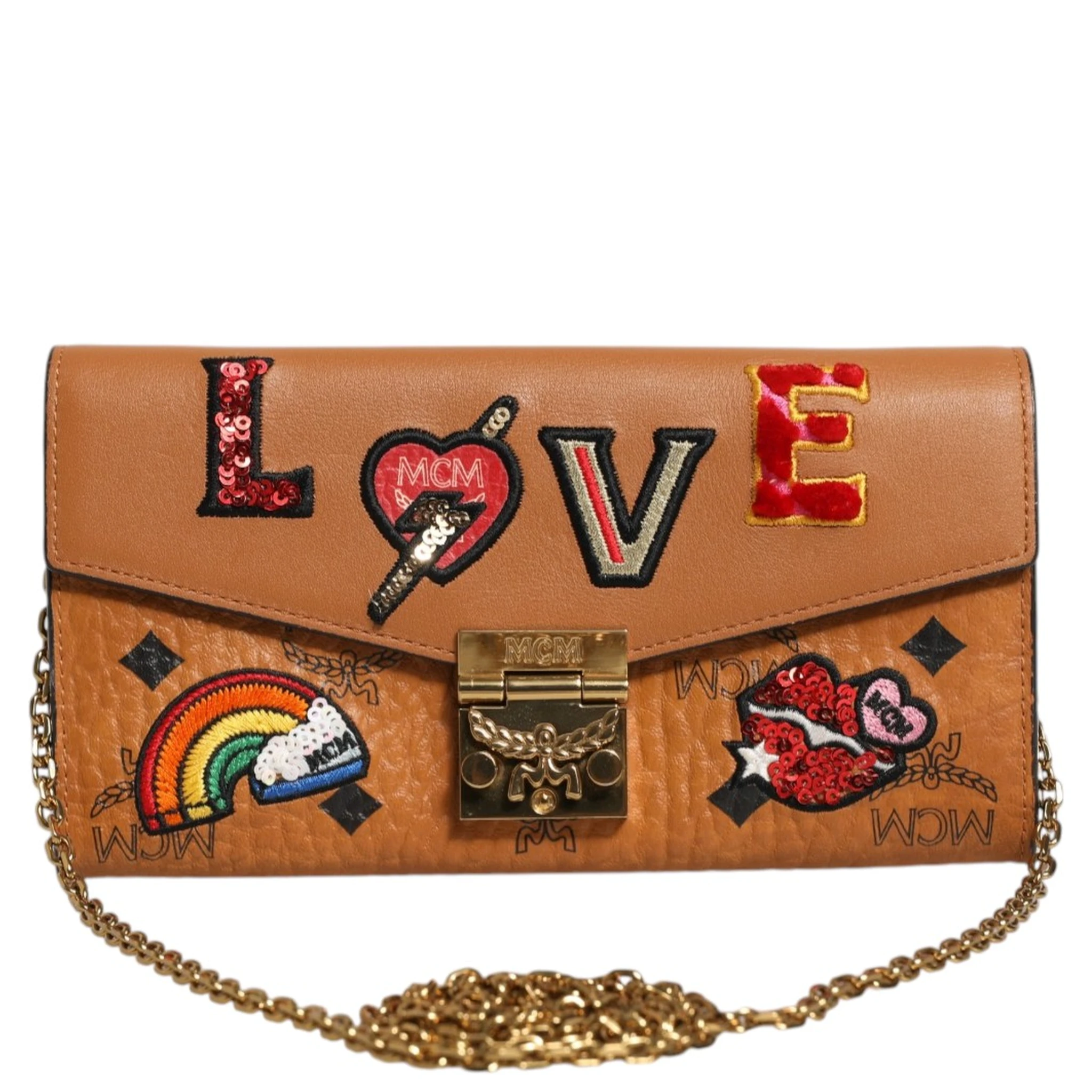 Cognac Brown Coated Canvas Visetos Patricia Love Patch Wallet-on-chain