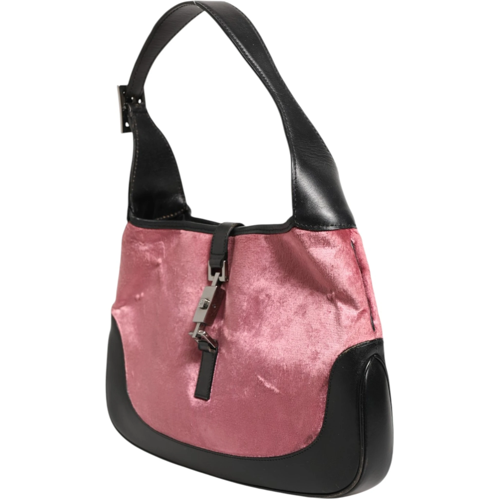 Jackie Pink Velvet And Black Leather Shoulder Bag