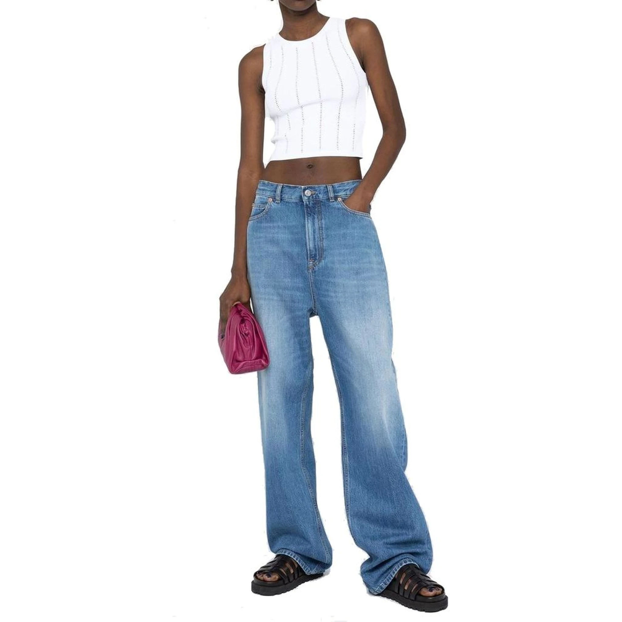 بنطلون جينز أزرق قطني بقصة مريحة