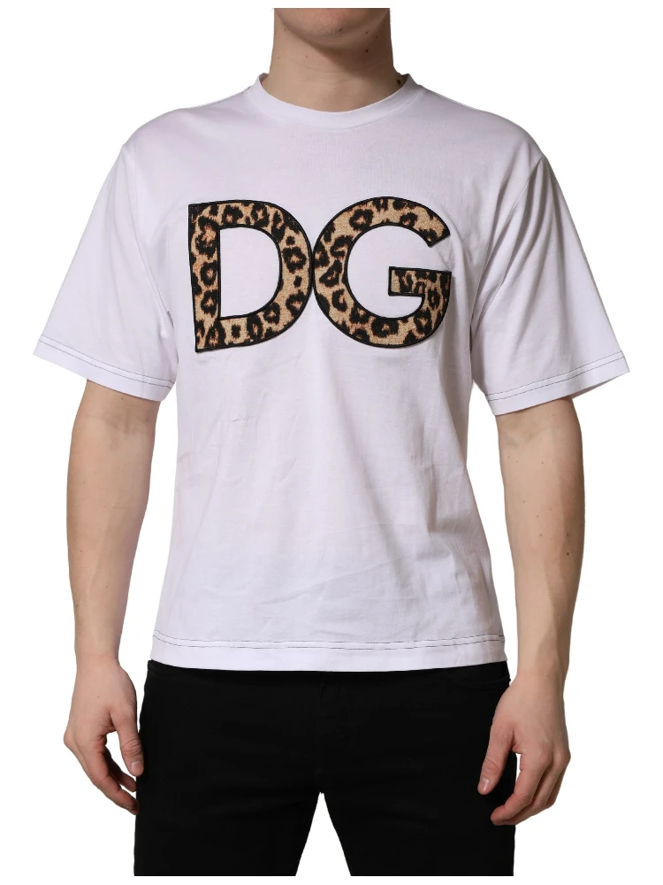 White Leopard Print DG Logo MenCotton T-shirt