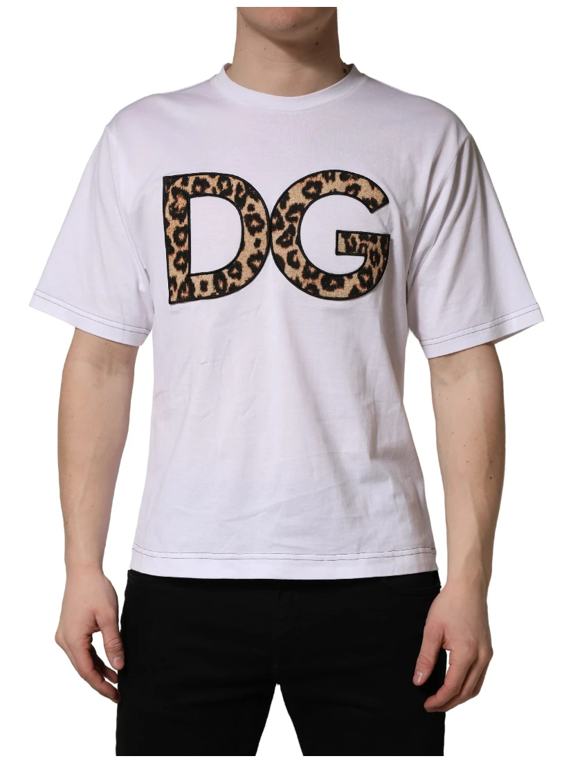 White Leopard Print DG Logo MenCotton T-shirt