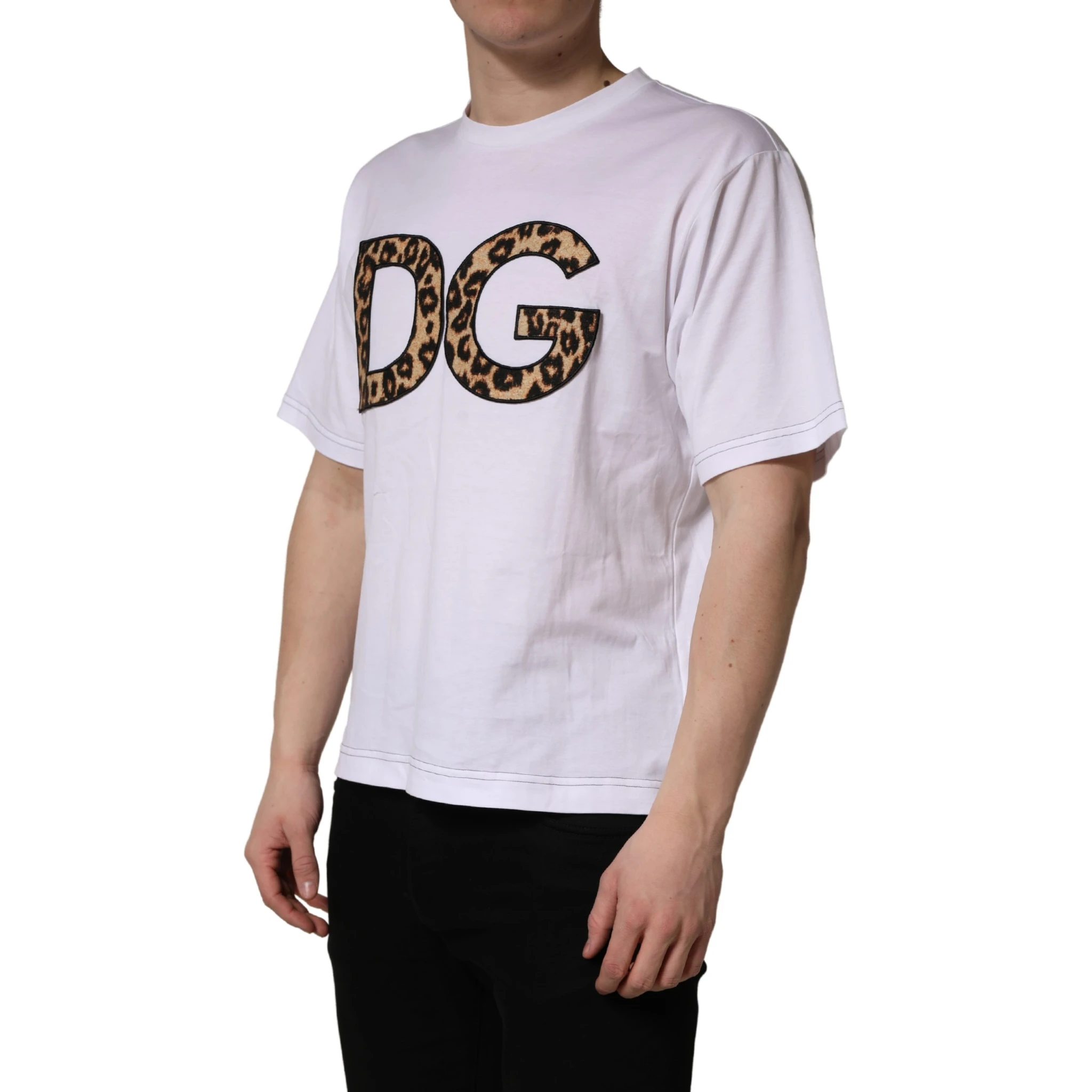 White Leopard Print DG Logo MenCotton T-shirt