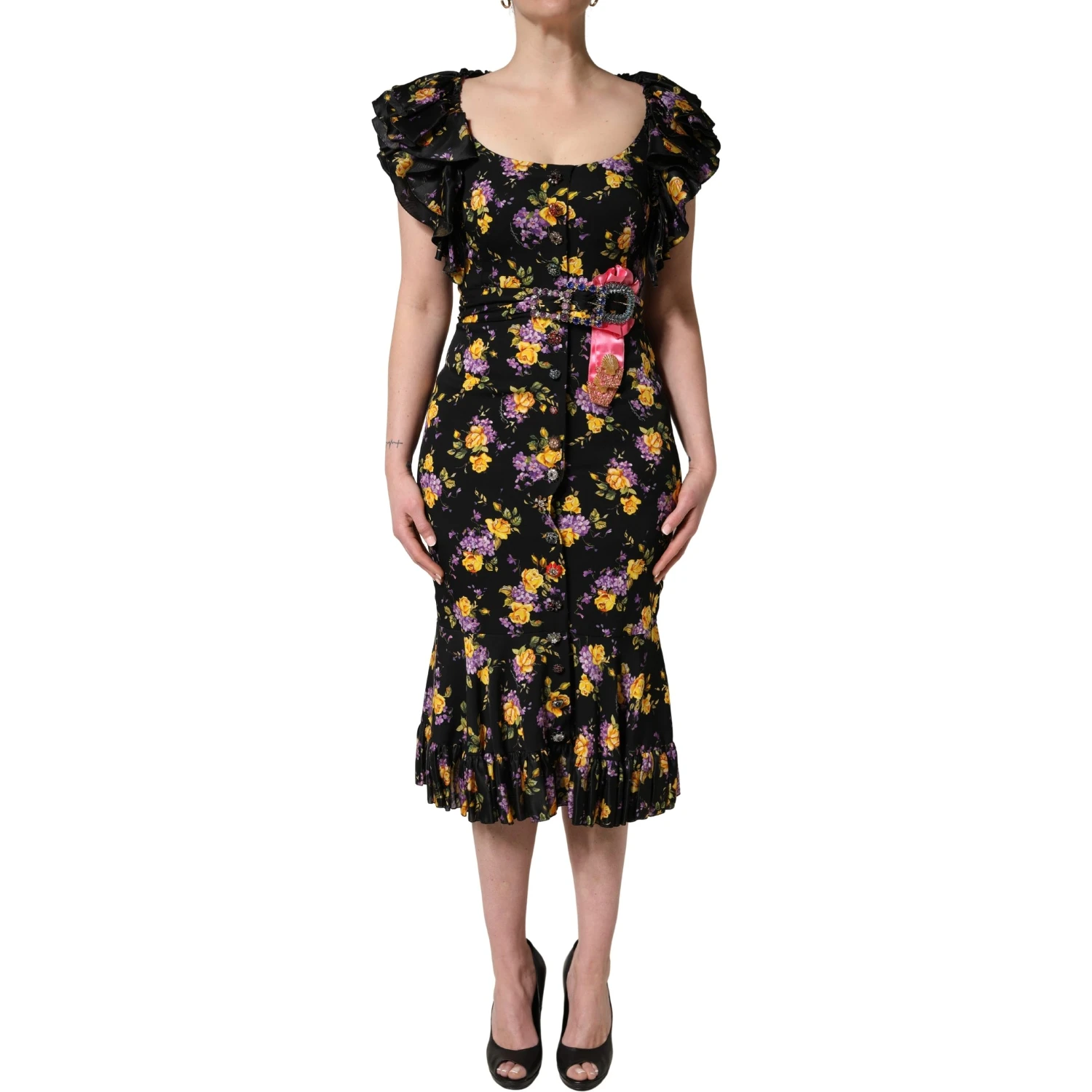 Black Purple Crystal Brooch Silk Midi Dress