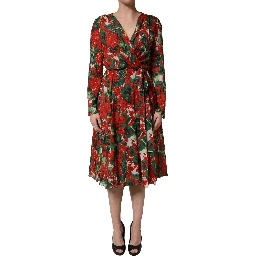 Multicolor Floral Long Sleeves V-neck Dress