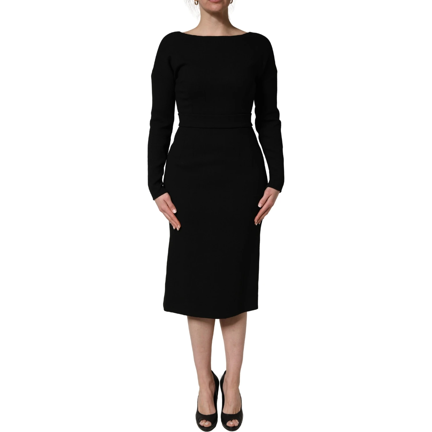 Black Wool Crepe Long Sleeves Midi Dress