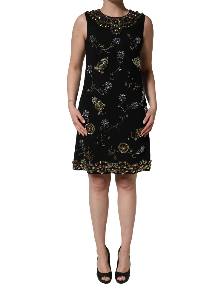 Black Sleeveless Floral Bead Embellishments Dress