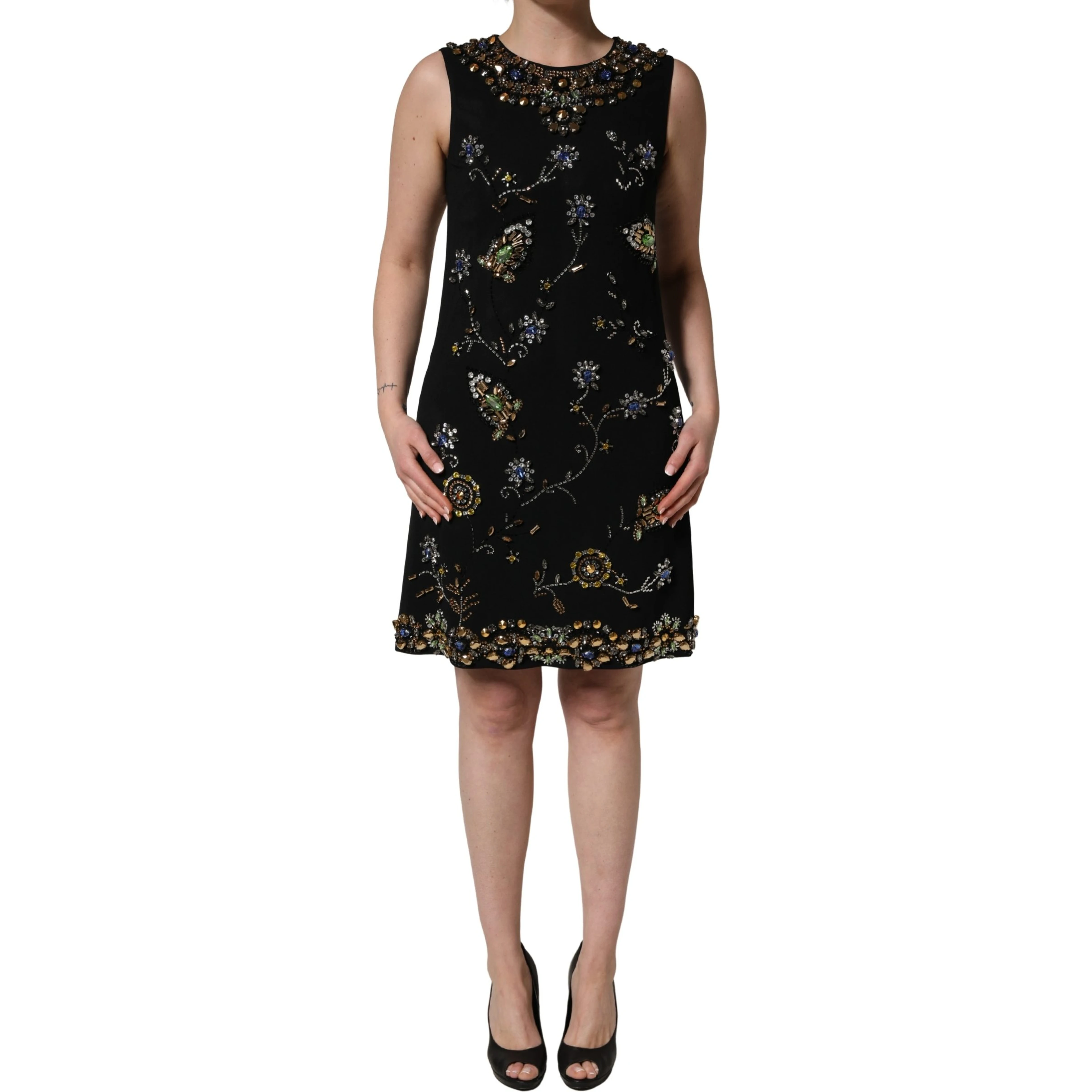 Black Sleeveless Floral Bead Embellishments Dress