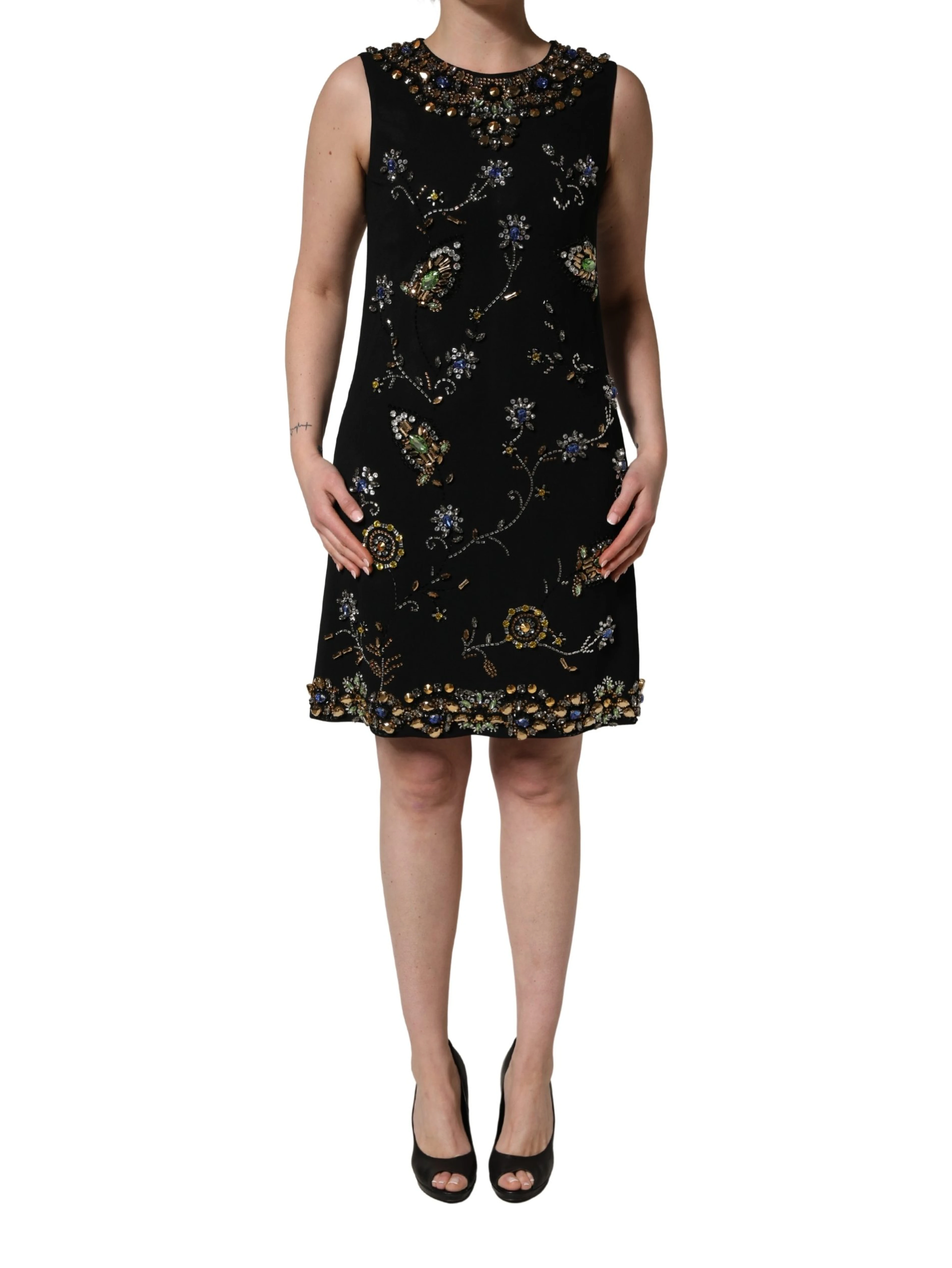Black Sleeveless Floral Bead Embellishments Dress