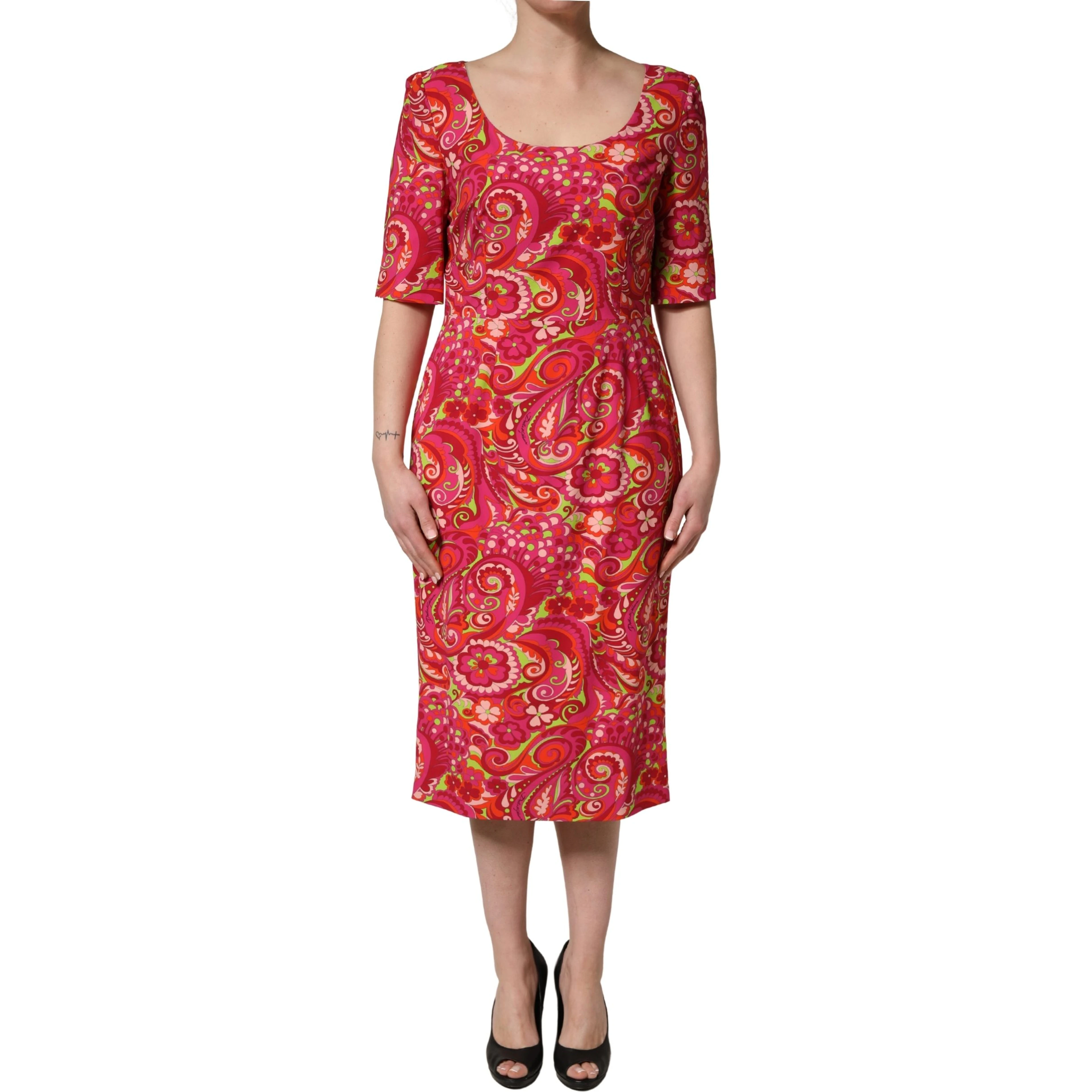 Red Paisley Floral Print Sheath Midi Dress