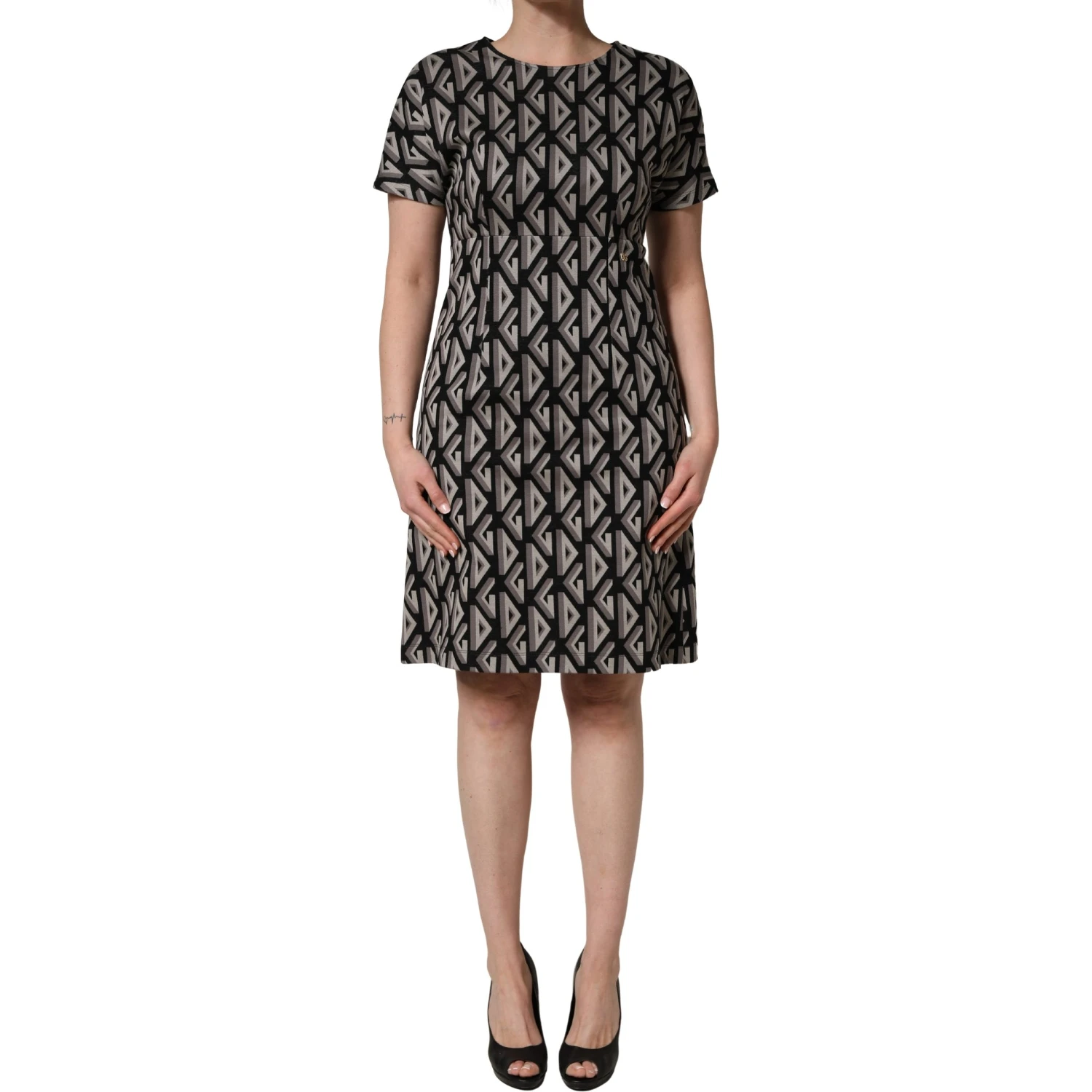 Black Logo Print Cotton Knee Length Dress