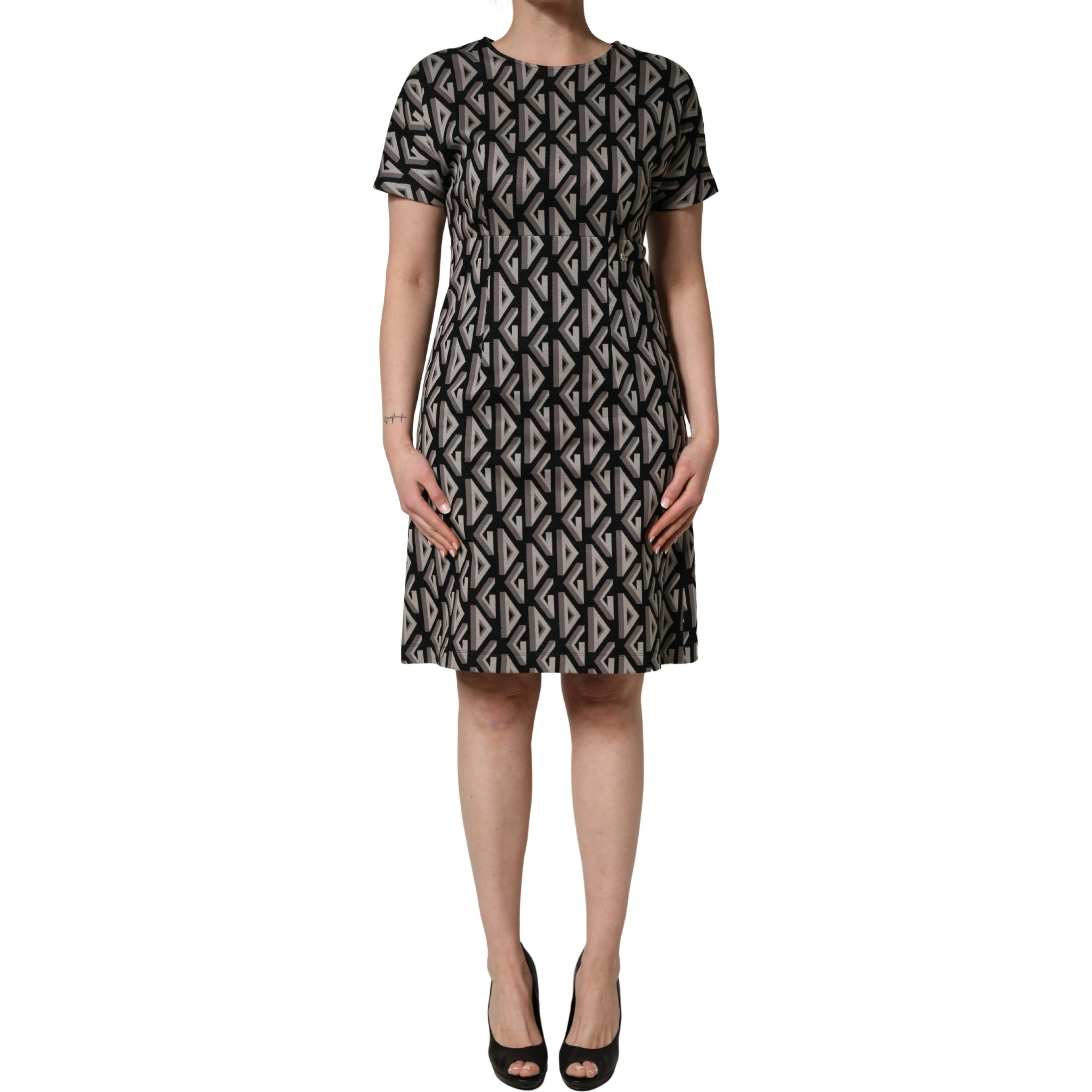Black Logo Print Cotton Knee Length Dress