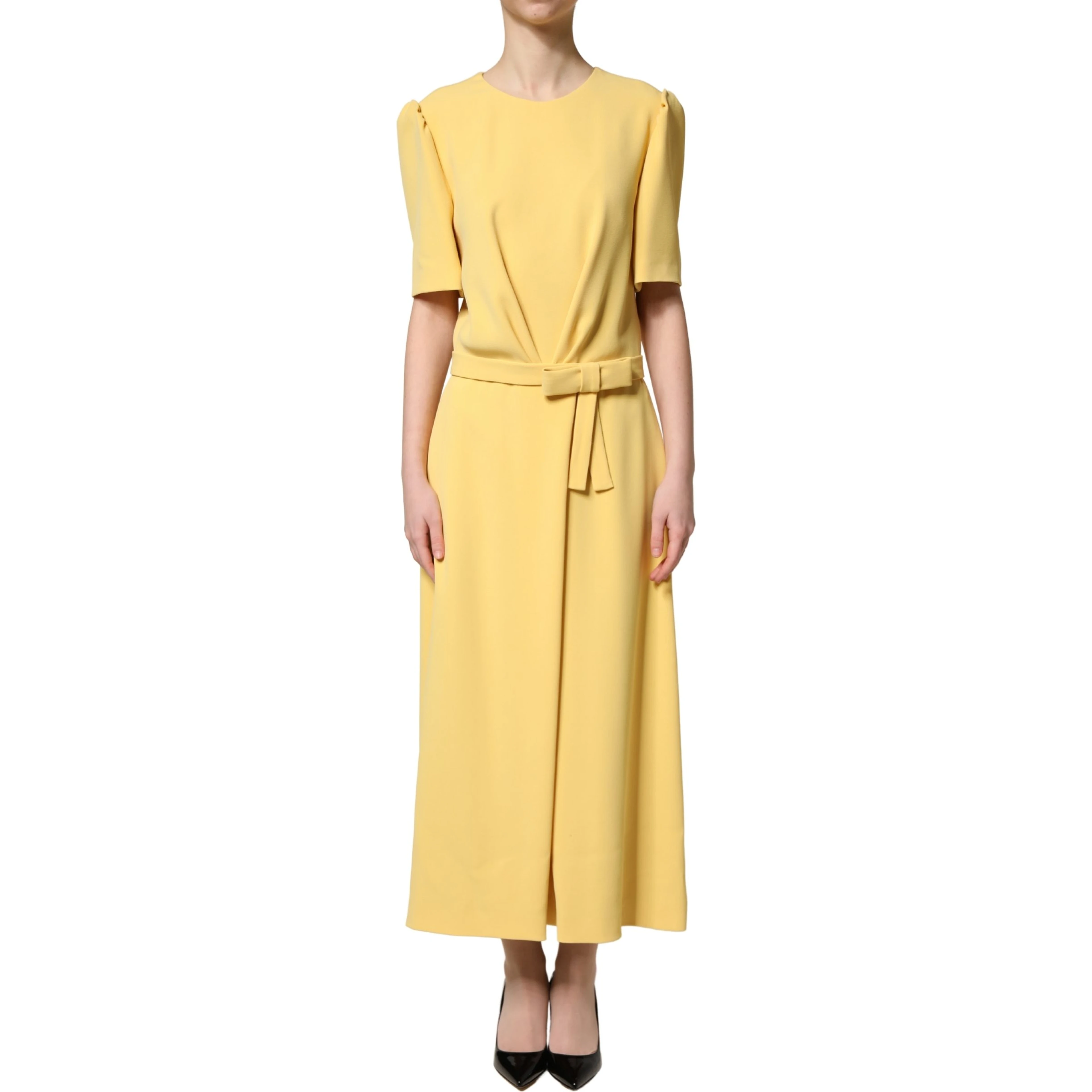 Yellow Short-Sleeved Crew Neck Midi Dress