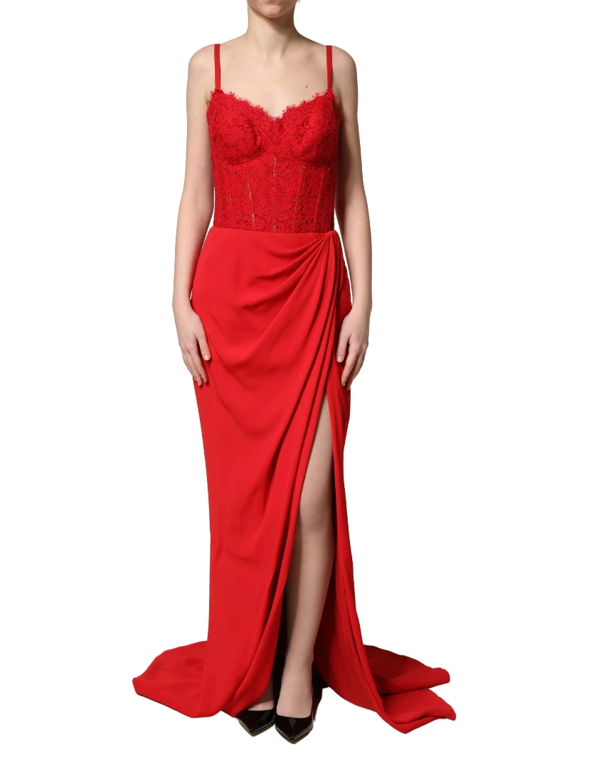 Red Corset Lace Bodice Draped Long Gown Dress