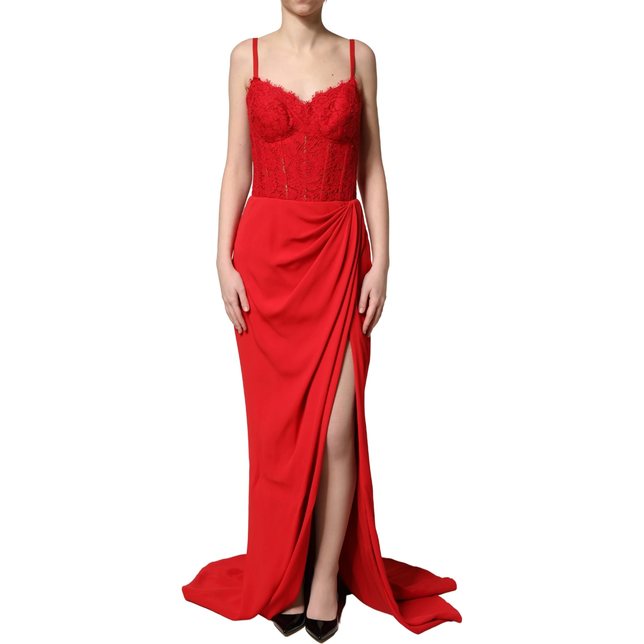 Red Corset Lace Bodice Draped Long Gown Dress