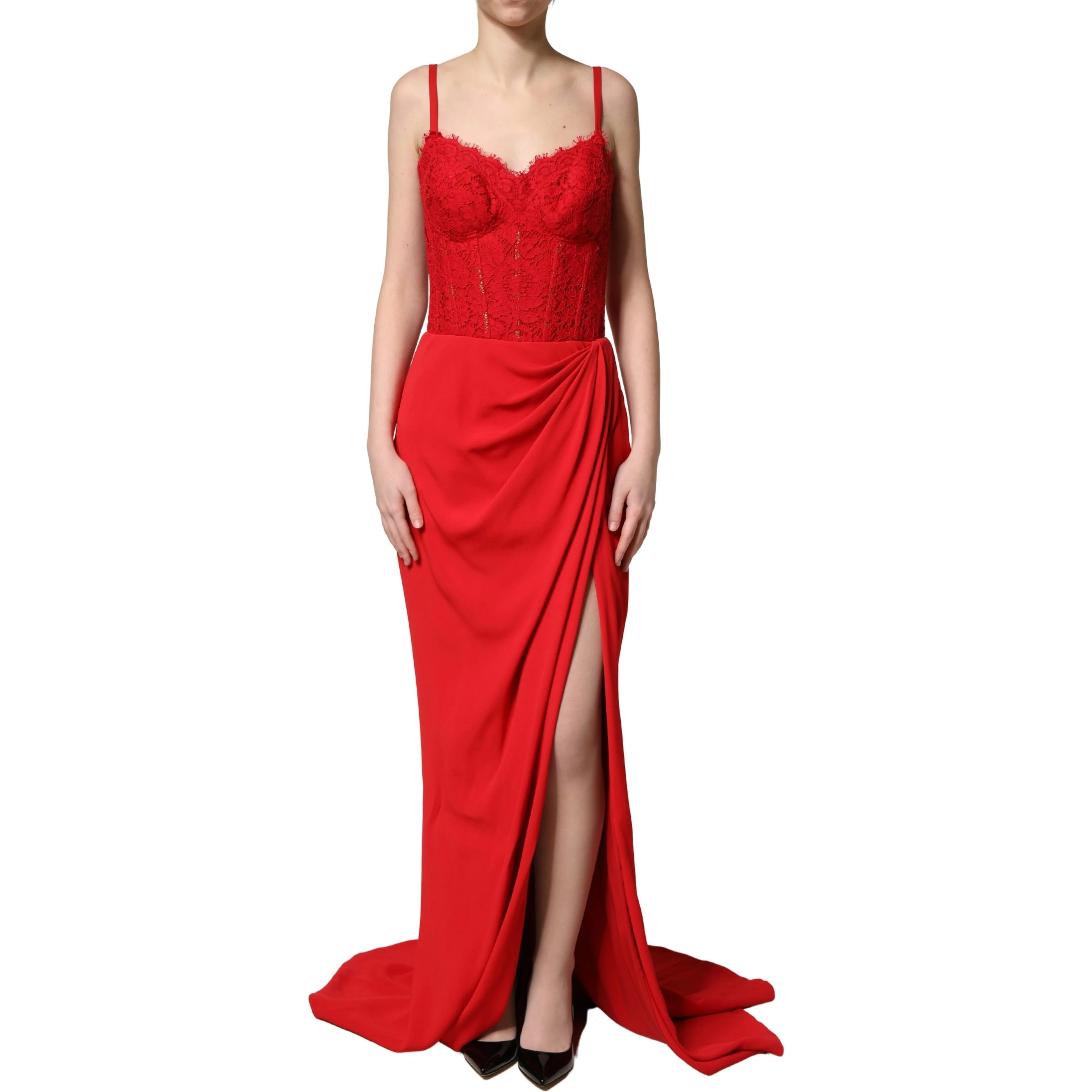 Red Corset Lace Bodice Draped Long Gown Dress