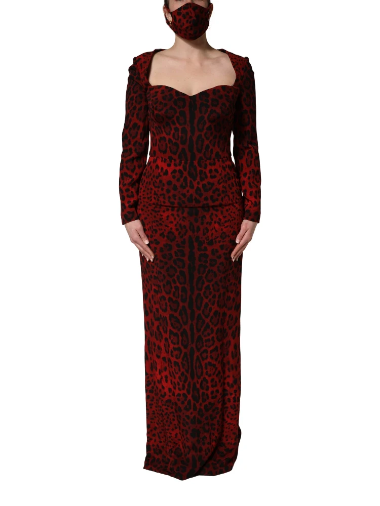 Red Leopard Print Sheath Long Sleeve Dress