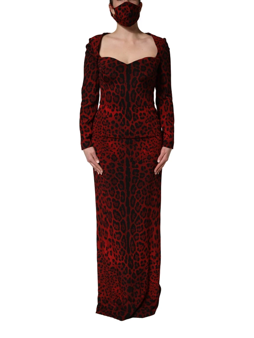 Red Leopard Print Sheath Long Sleeve Dress