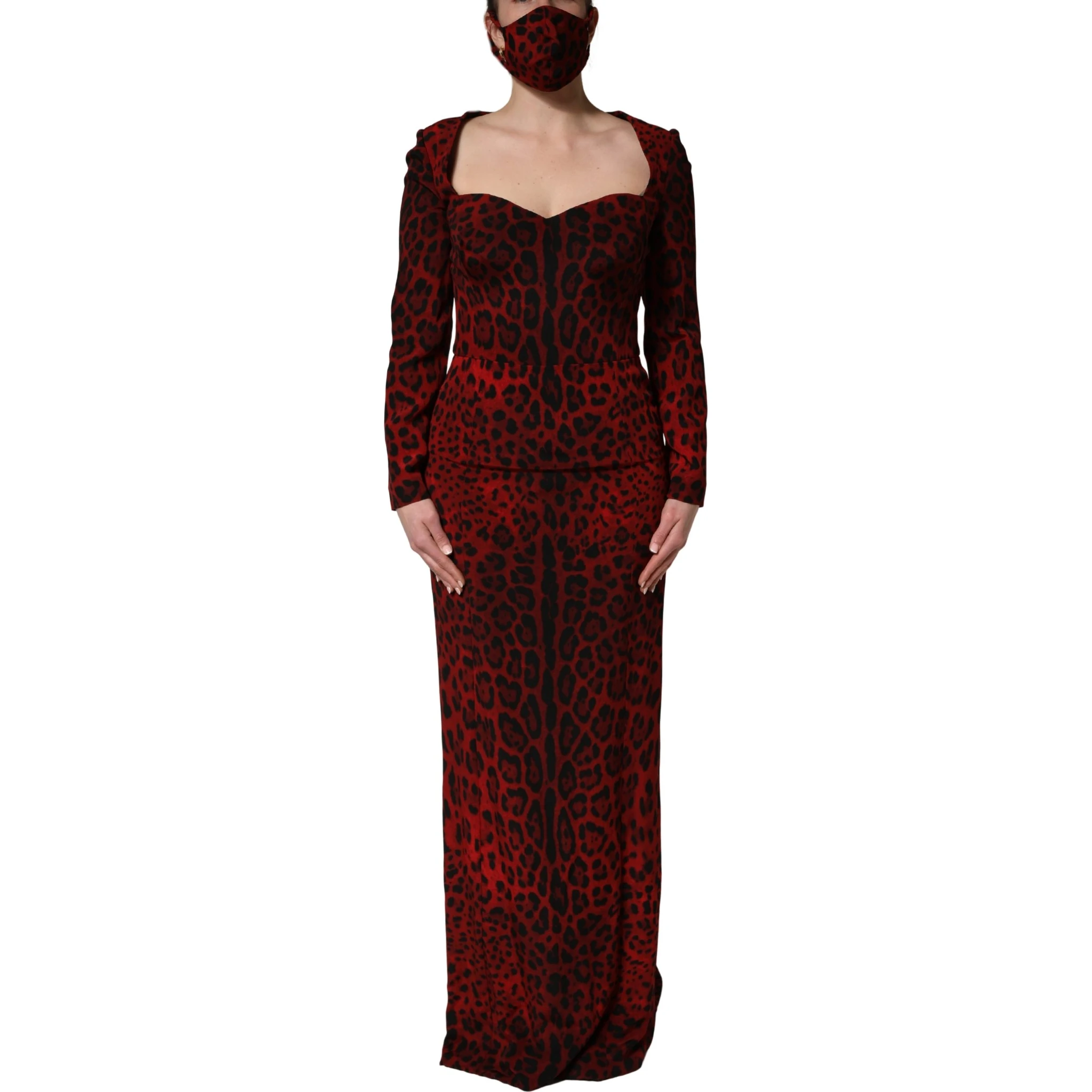 Red Leopard Print Sheath Long Sleeve Dress