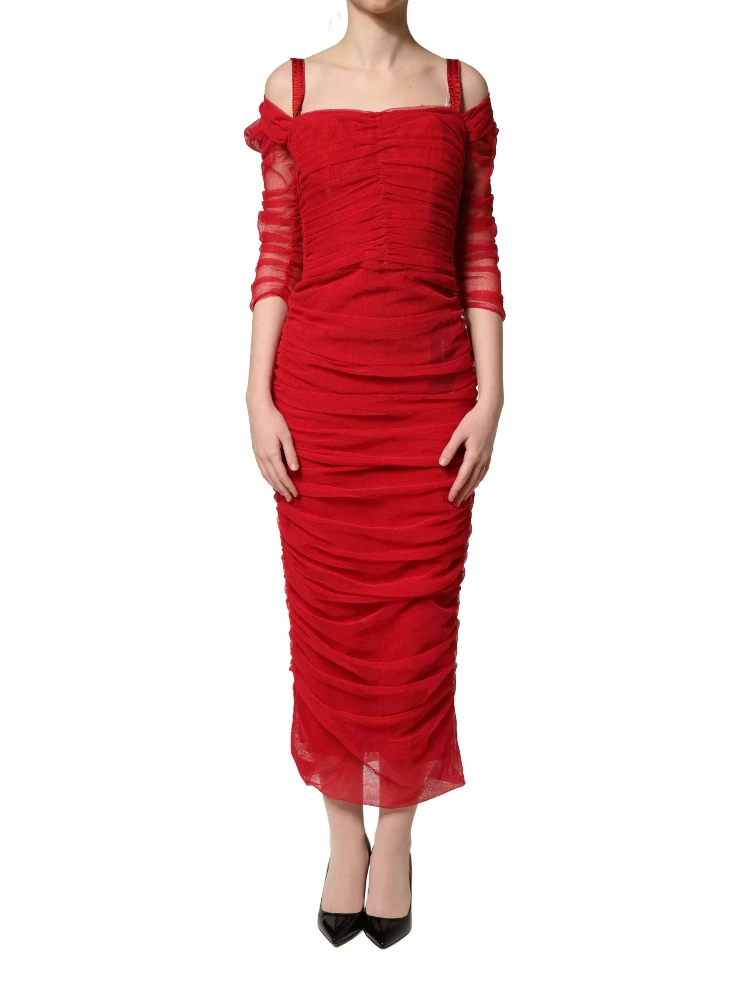 Red Cotton Ruched Stretch Tulle Midi Dress