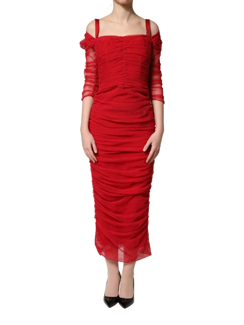 Red Cotton Ruched Stretch Tulle Midi Dress