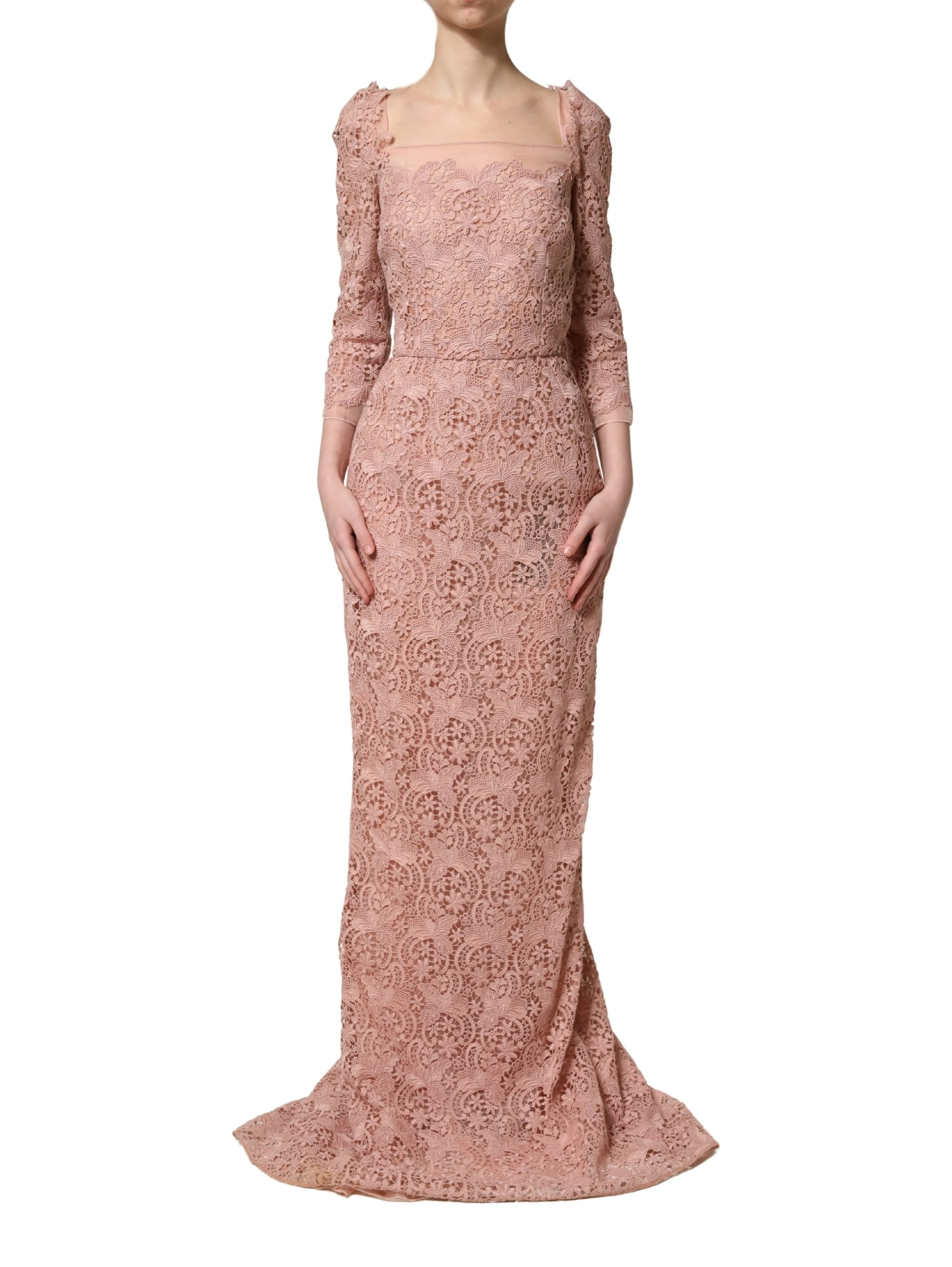 Pink Lace Long-Sleeved Evening Gown Dress