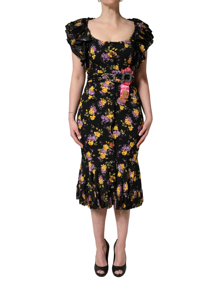 Black Purple Crystal Brooch Silk Midi Dress alternative