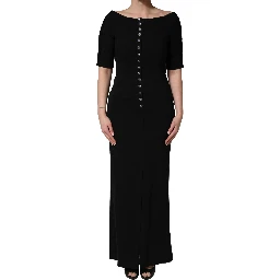 Black Silk Button Bodice Sheath Maxi Dress