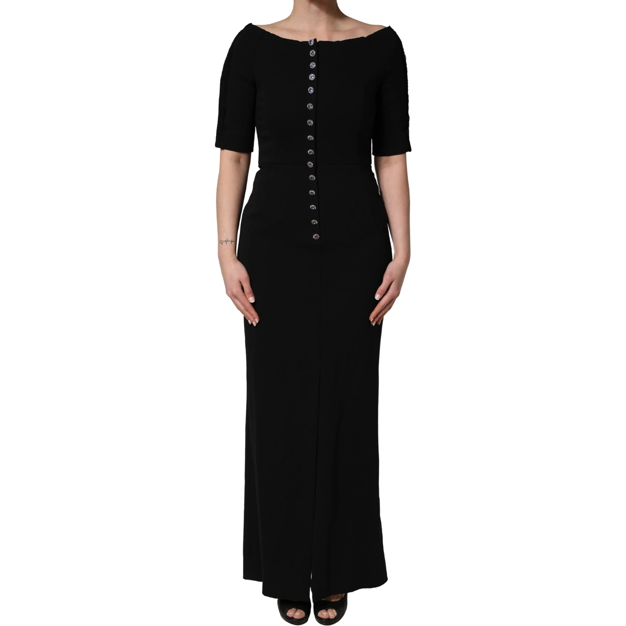 Black Silk Button Bodice Sheath Maxi Dress
