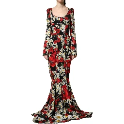 Black Floral Silk Long Sleeves Gown Dress