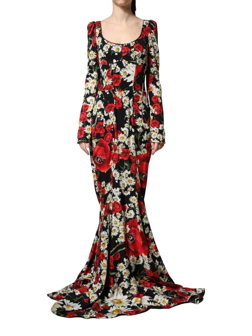 Black Floral Silk Long Sleeves Gown Dress