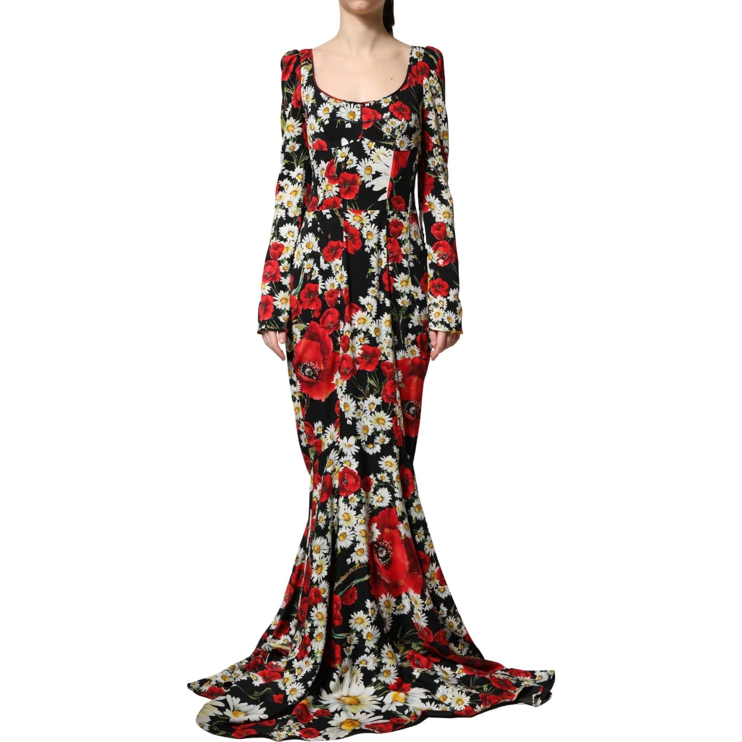 Black Floral Silk Long Sleeves Gown Dress