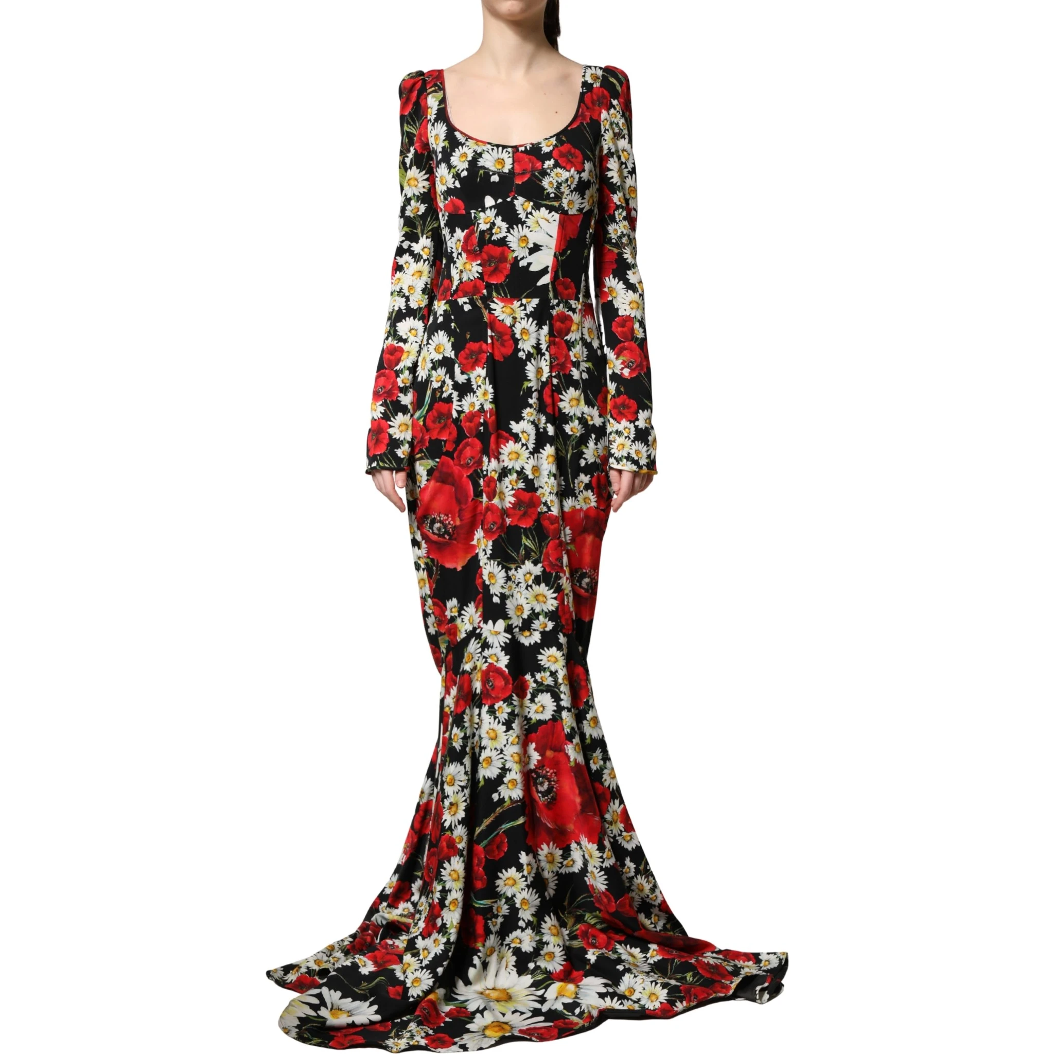 Black Floral Silk Long Sleeves Gown Dress