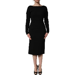 Black Wool Crepe Long Sleeves Midi Dress
