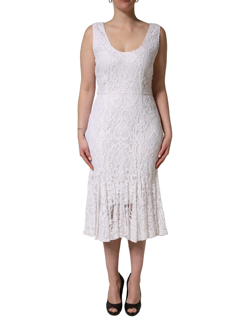 White Floral Lace Sleeveless Midi Dress