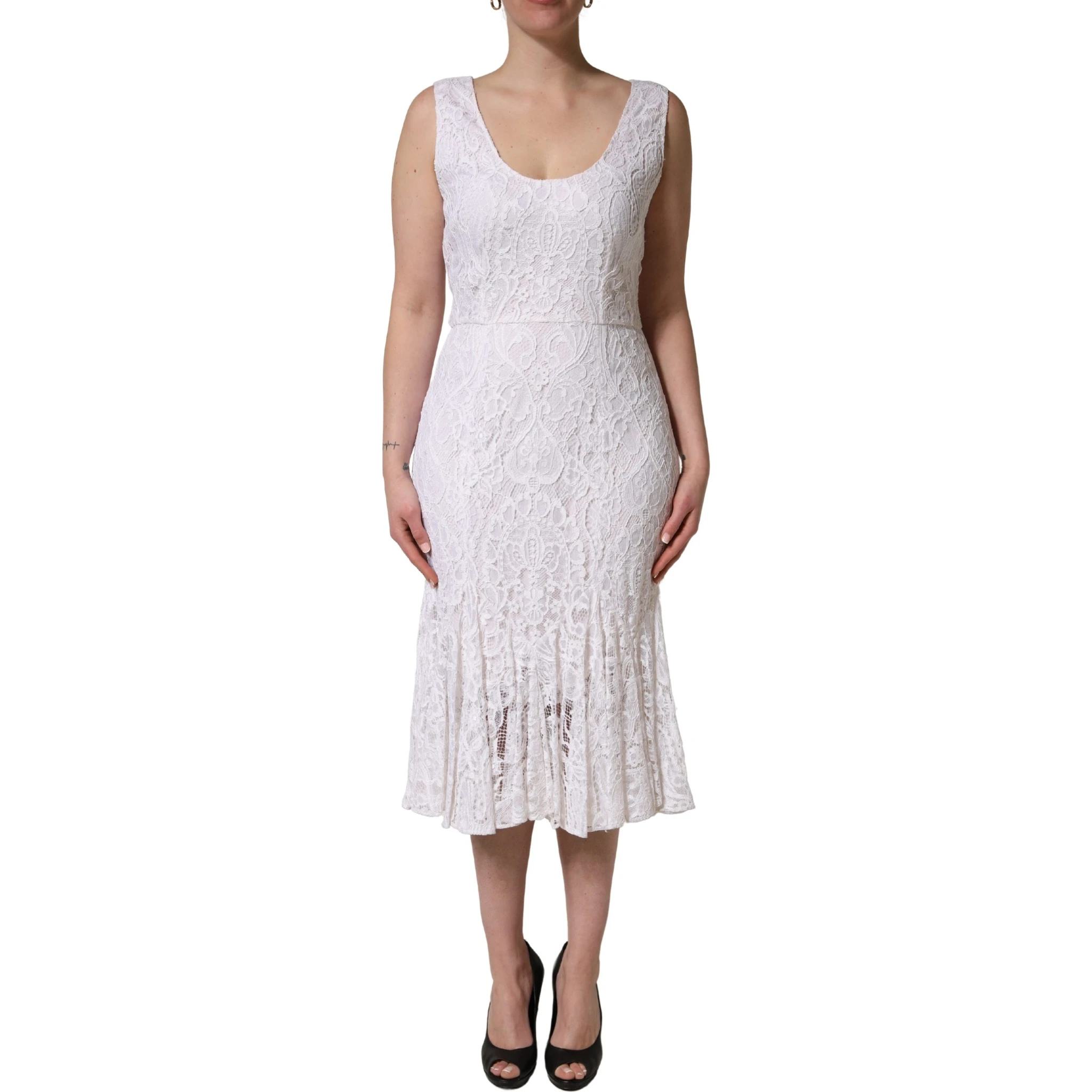 White Floral Lace Sleeveless Midi Dress