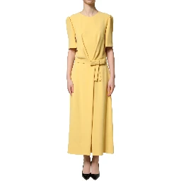 Yellow Short-Sleeved Crew Neck Midi Dress