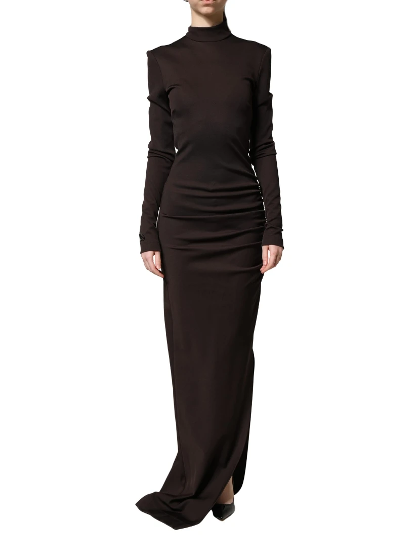 Brown Turtleneck Jersey Long Maxi Dress