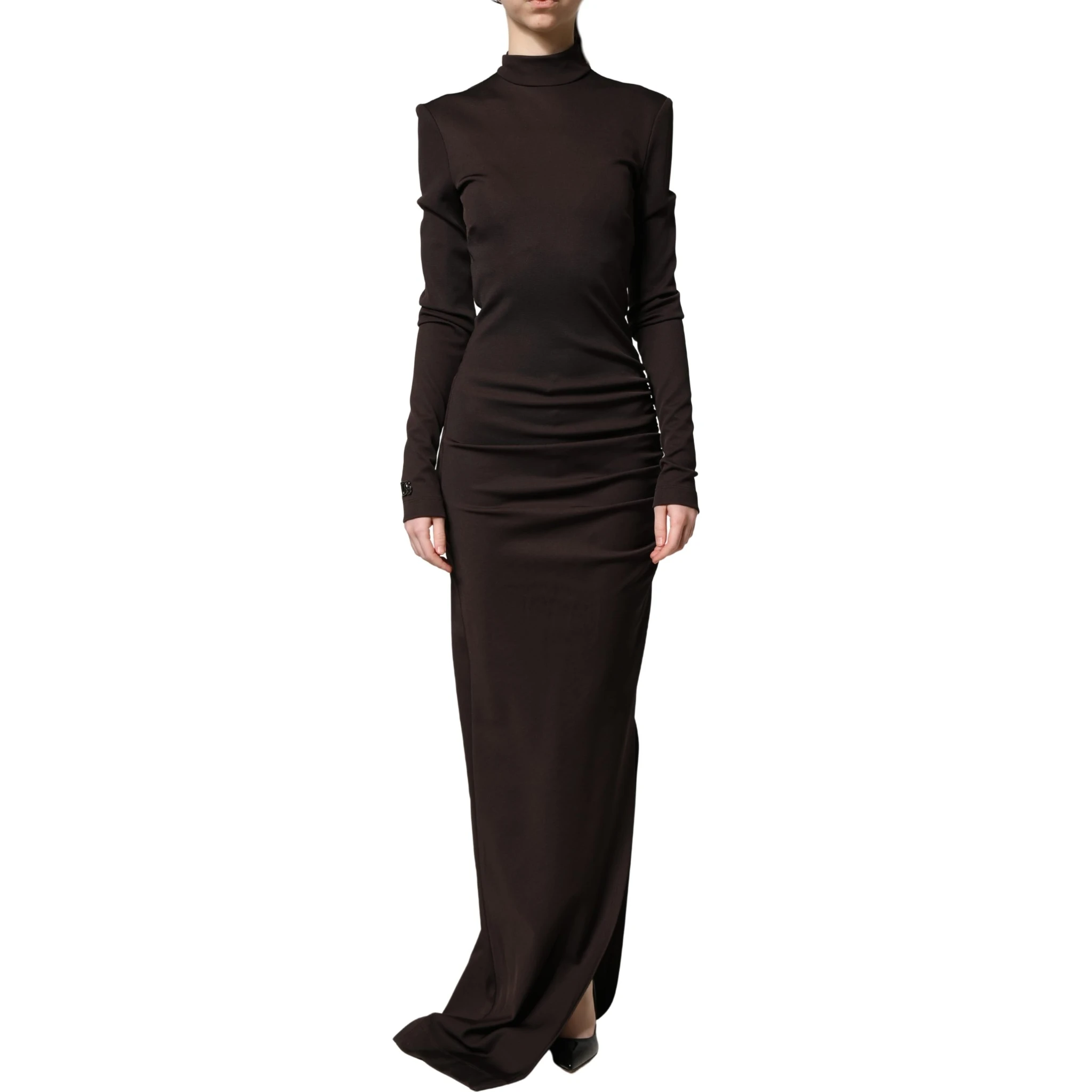 Brown Turtleneck Jersey Long Maxi Dress